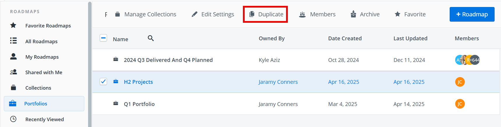 Duplicate option for a portfolio roadmap