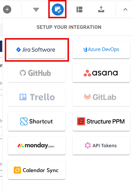 Jira Software option on the Integrations panel