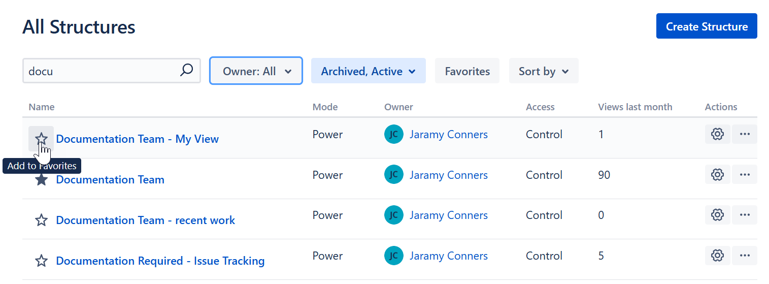 Adding a structure to favorites from the All Structure screen