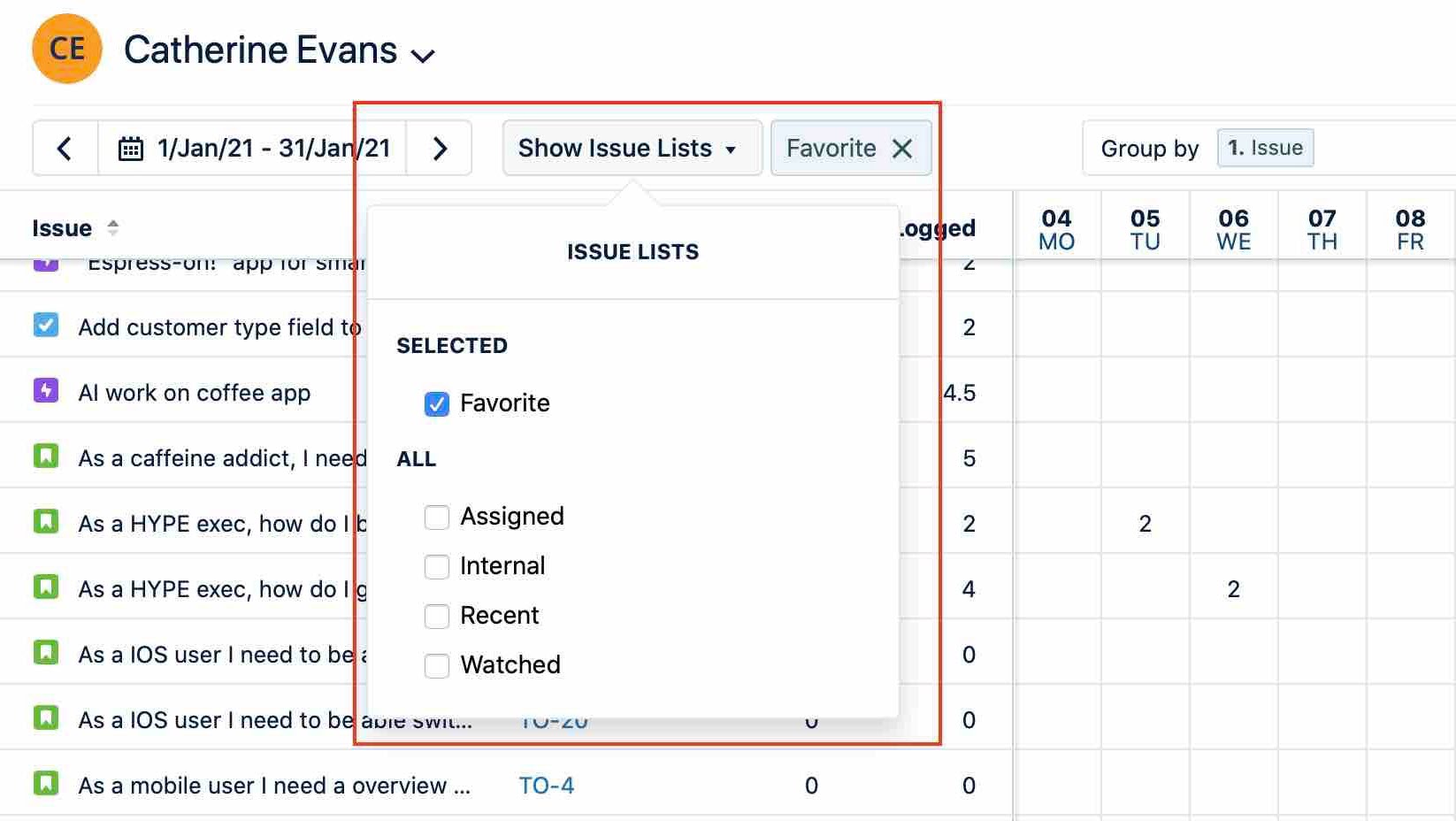 Selecting the Favorites filter on the issue list