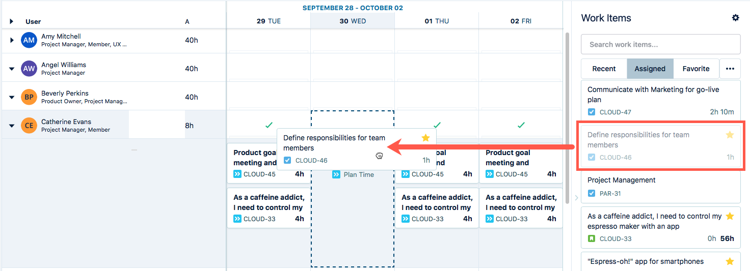 Dragging an issue from the side panel to a day in the resource's timeline