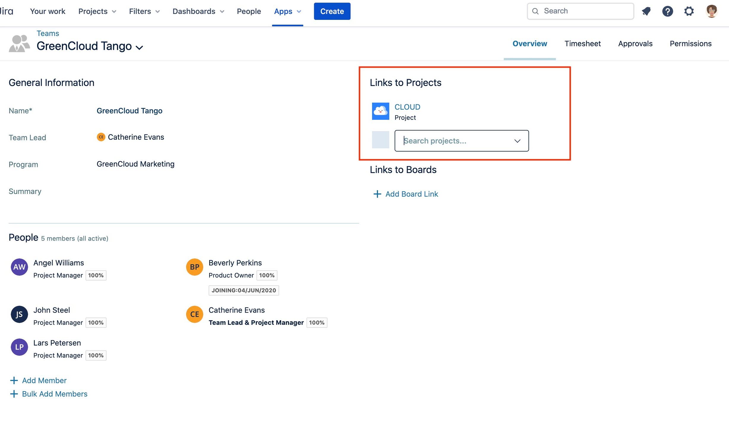 Link to Project section of a Team card