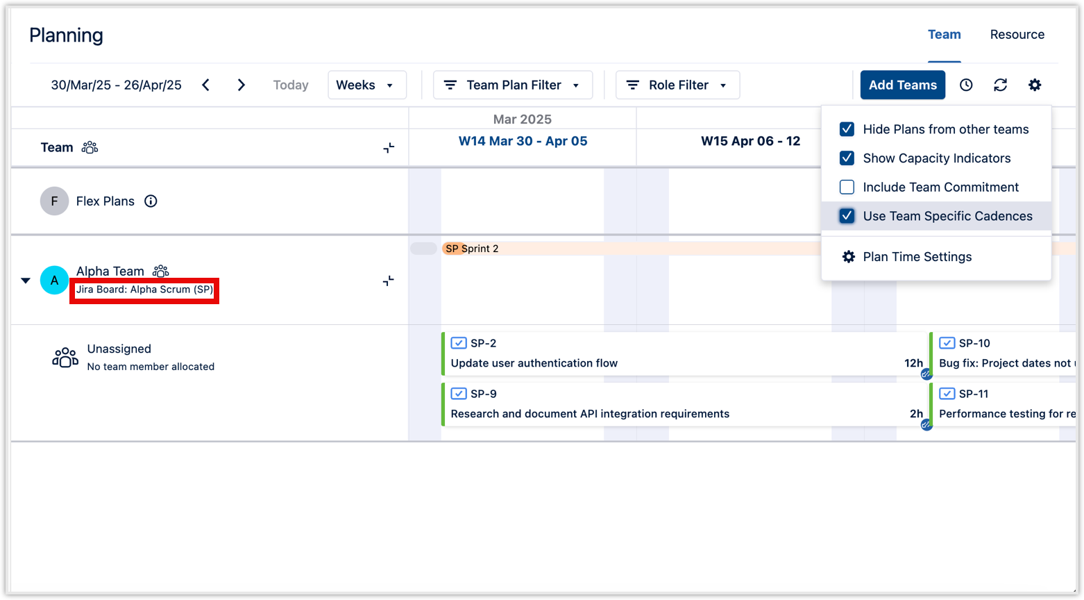Jira board used for team plans