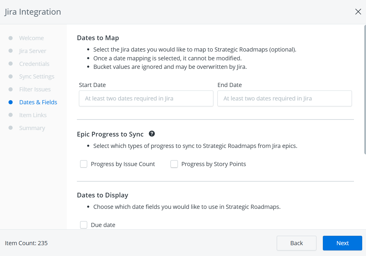 Dates and fields screen in the Jira Integration setup