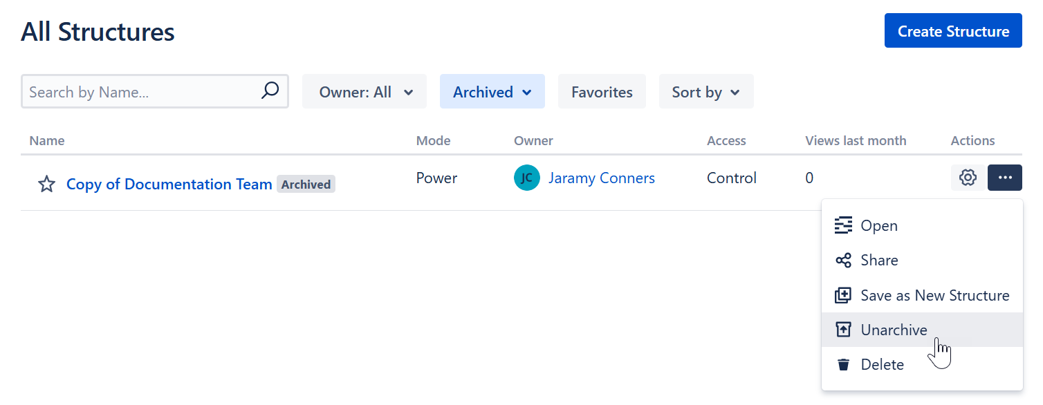 Unarchive a structure in the All Structures list
