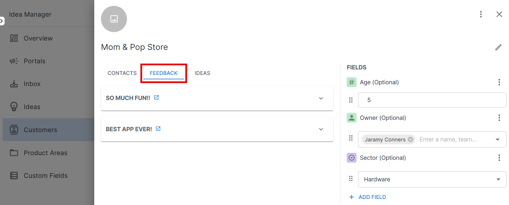 Feedback section of a customer card