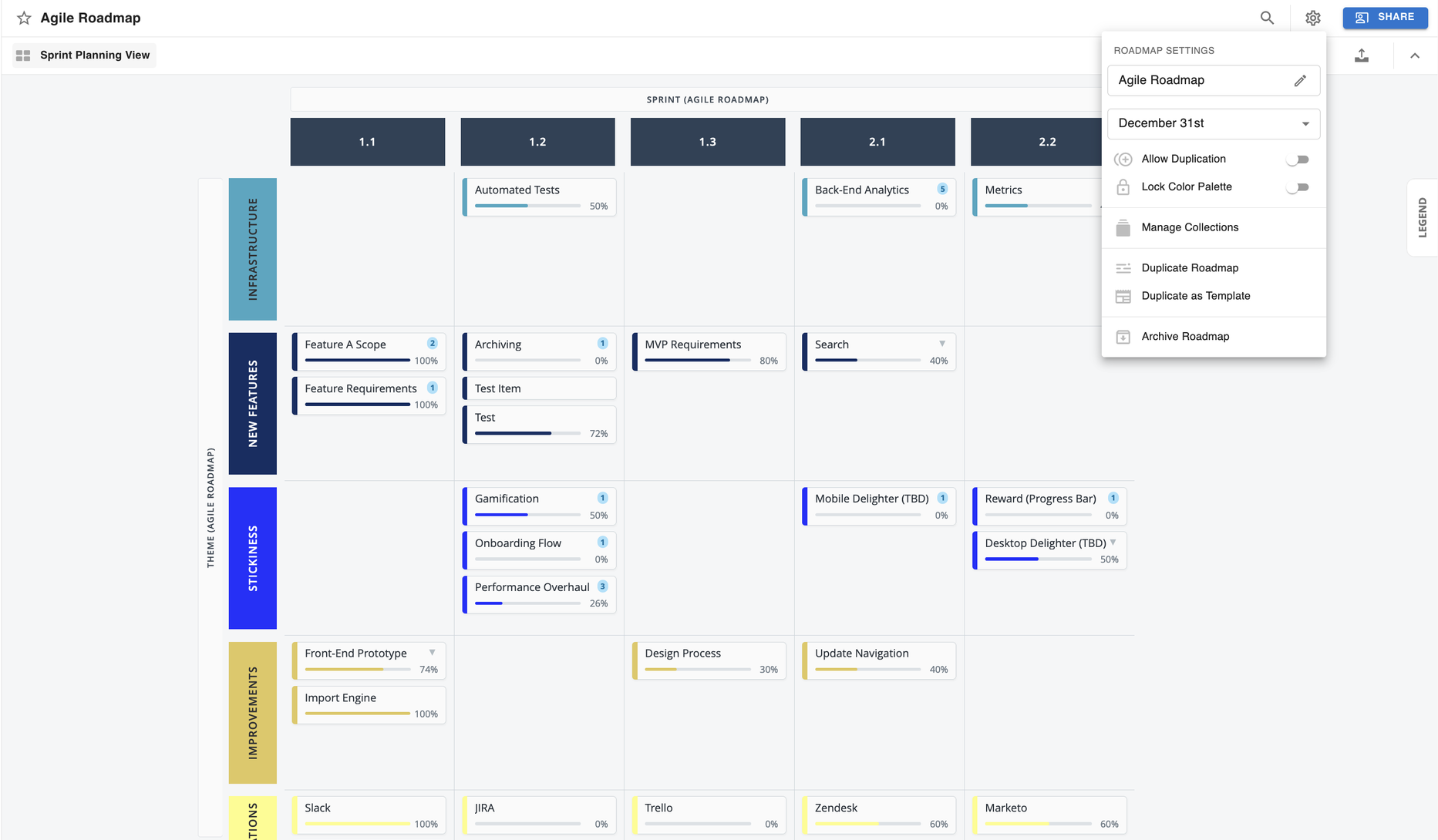 Roadmap Settings menu