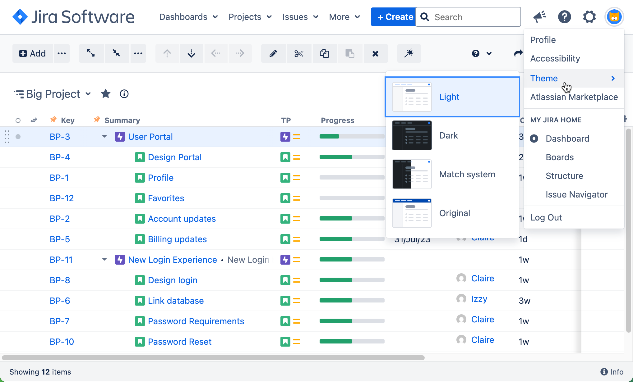 Switching the Jira theme