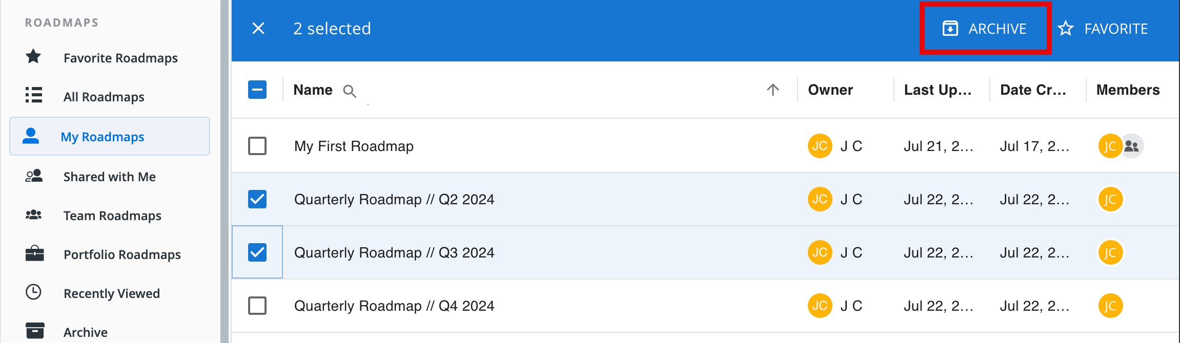 Archiving roadmaps on the All Roadmaps screen