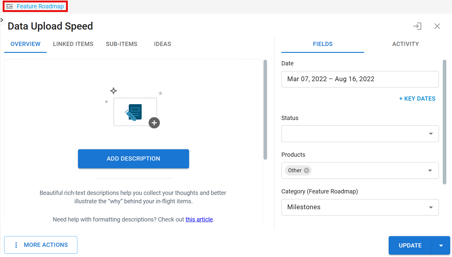 Roadmap name above an item card