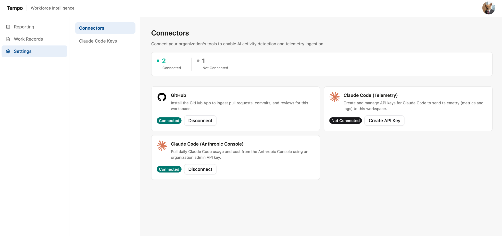 Settings - Connectors screen with GitHub connected.png