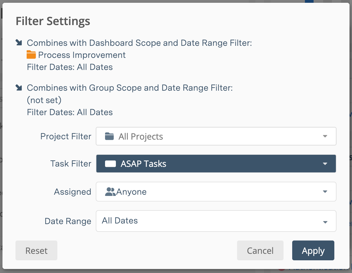 Project Widget filter settings