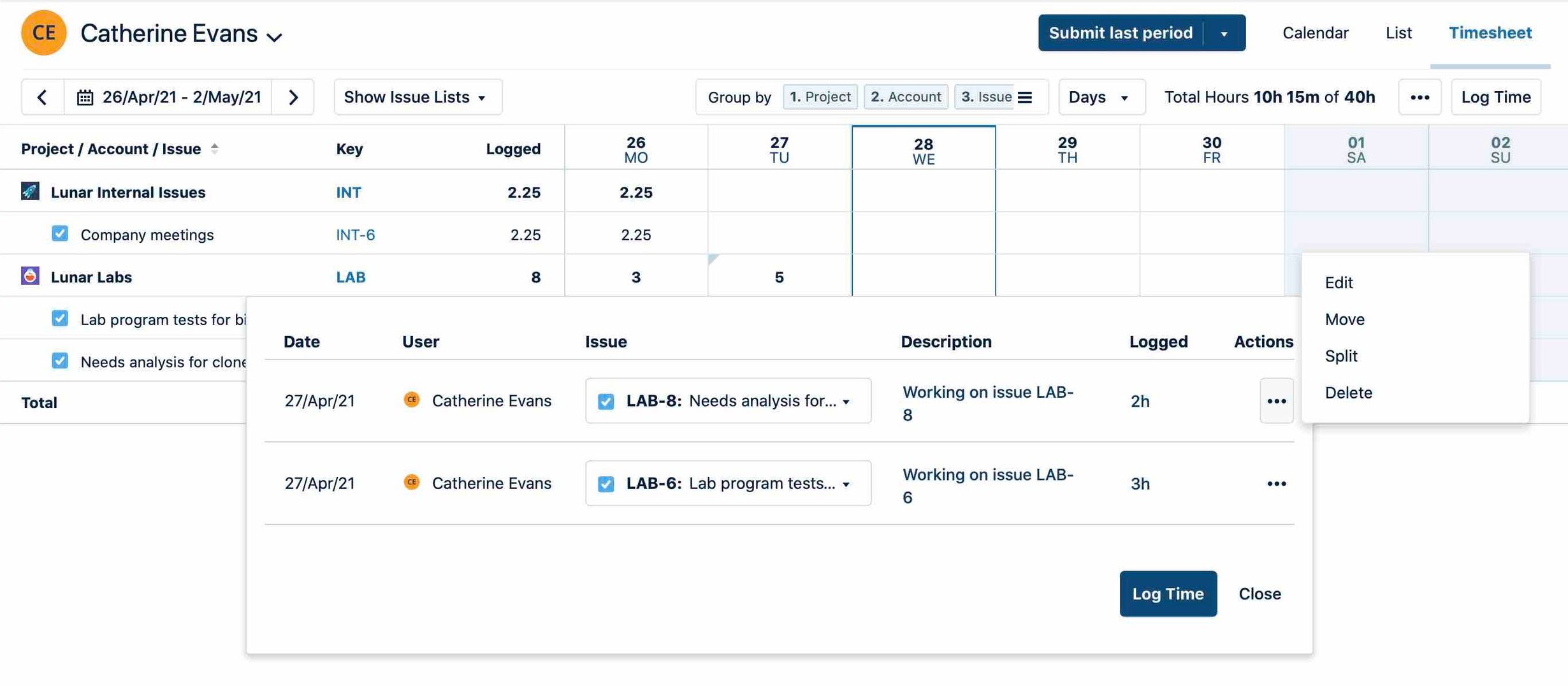 Actions menu in a worklog