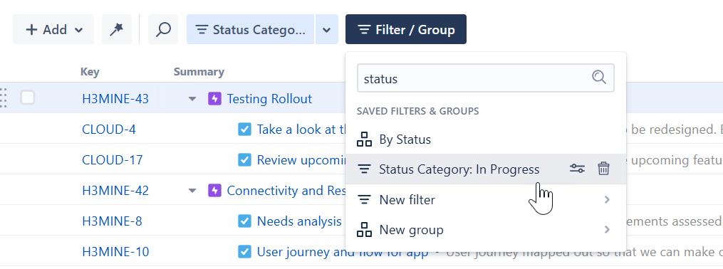 Locating a saved filter in the Saved Filters and Groups list