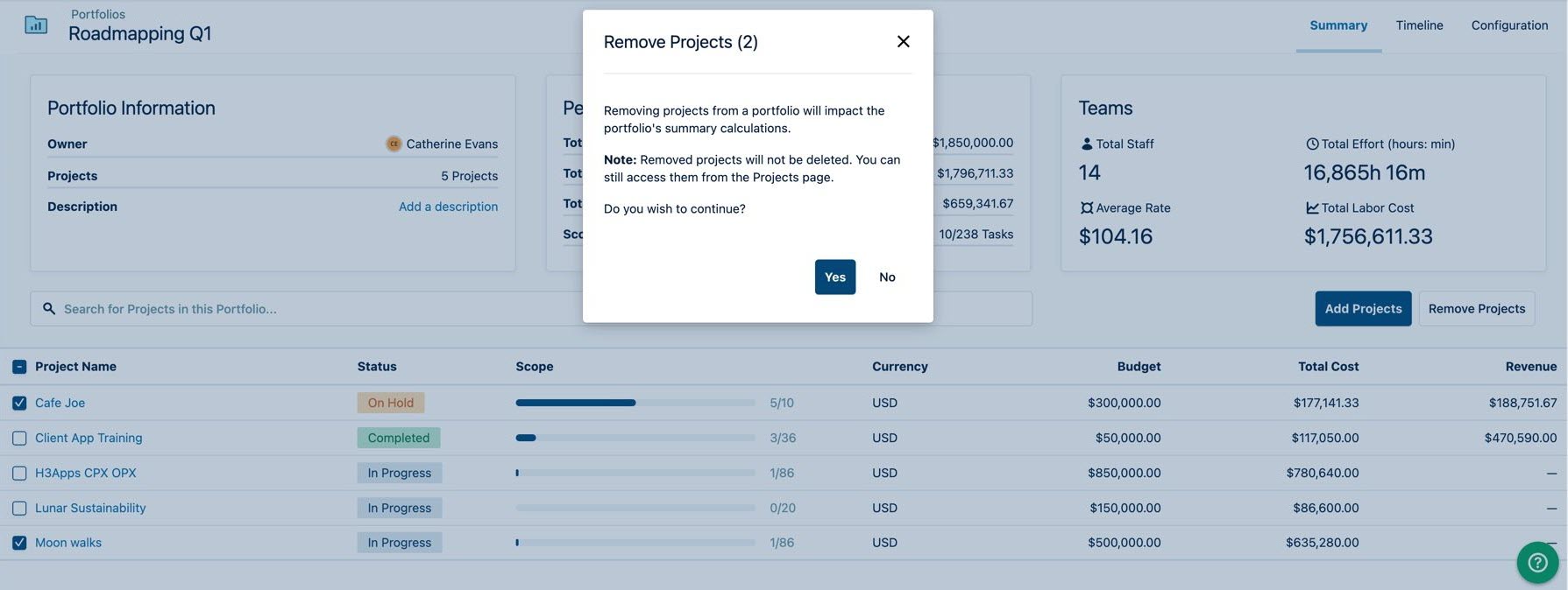 Remove projects confirmation