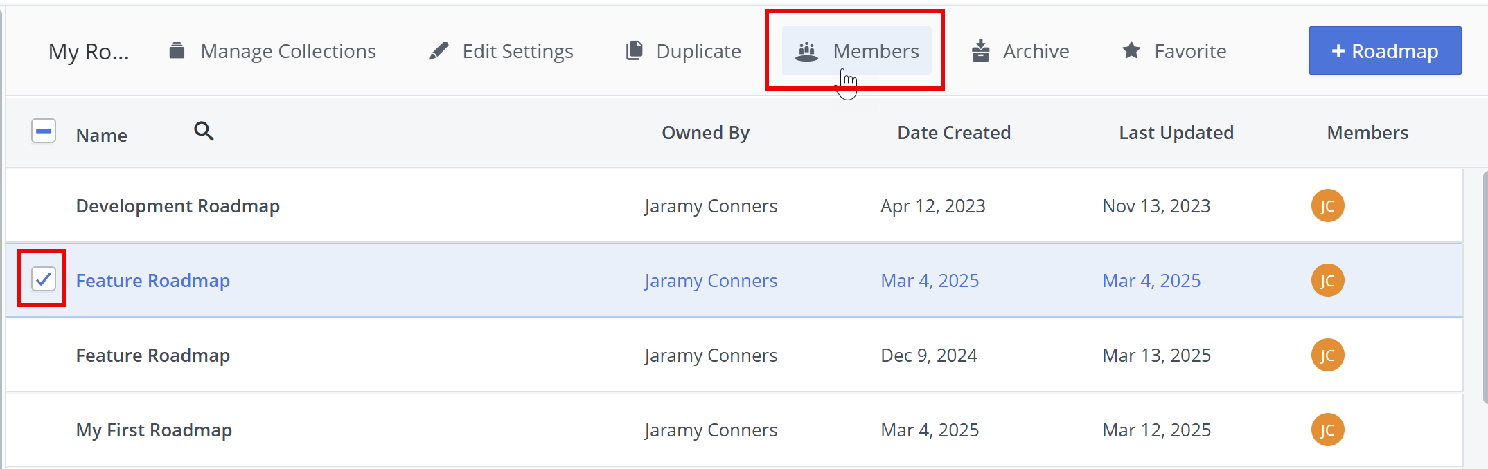 Selecting and sharing a roadmap from the roadmap list