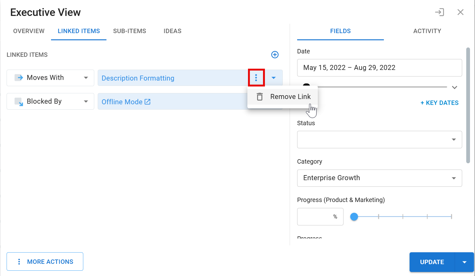 Removing a link from the Linked Items list