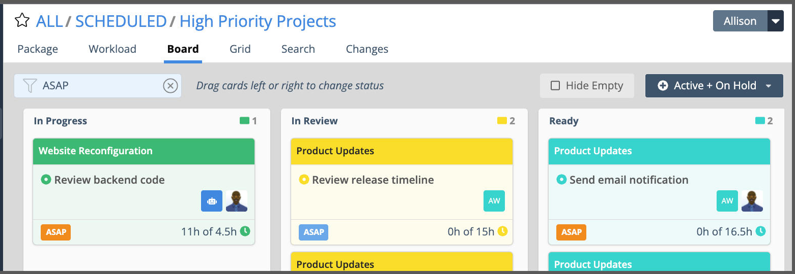 board filters and settings view