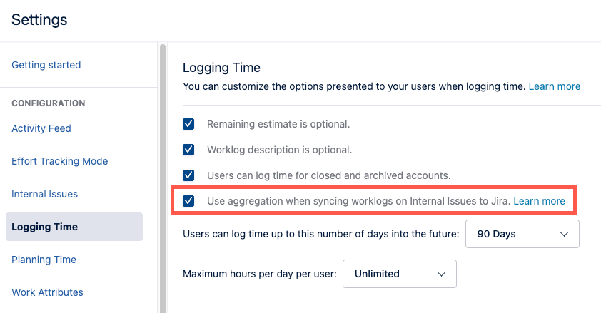 Use aggregation when syncing worklogs on Internal Issues to Jira option