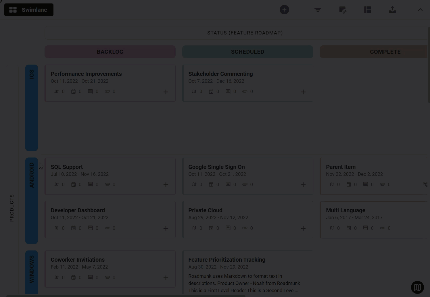 Reordering headers from a swimlane view