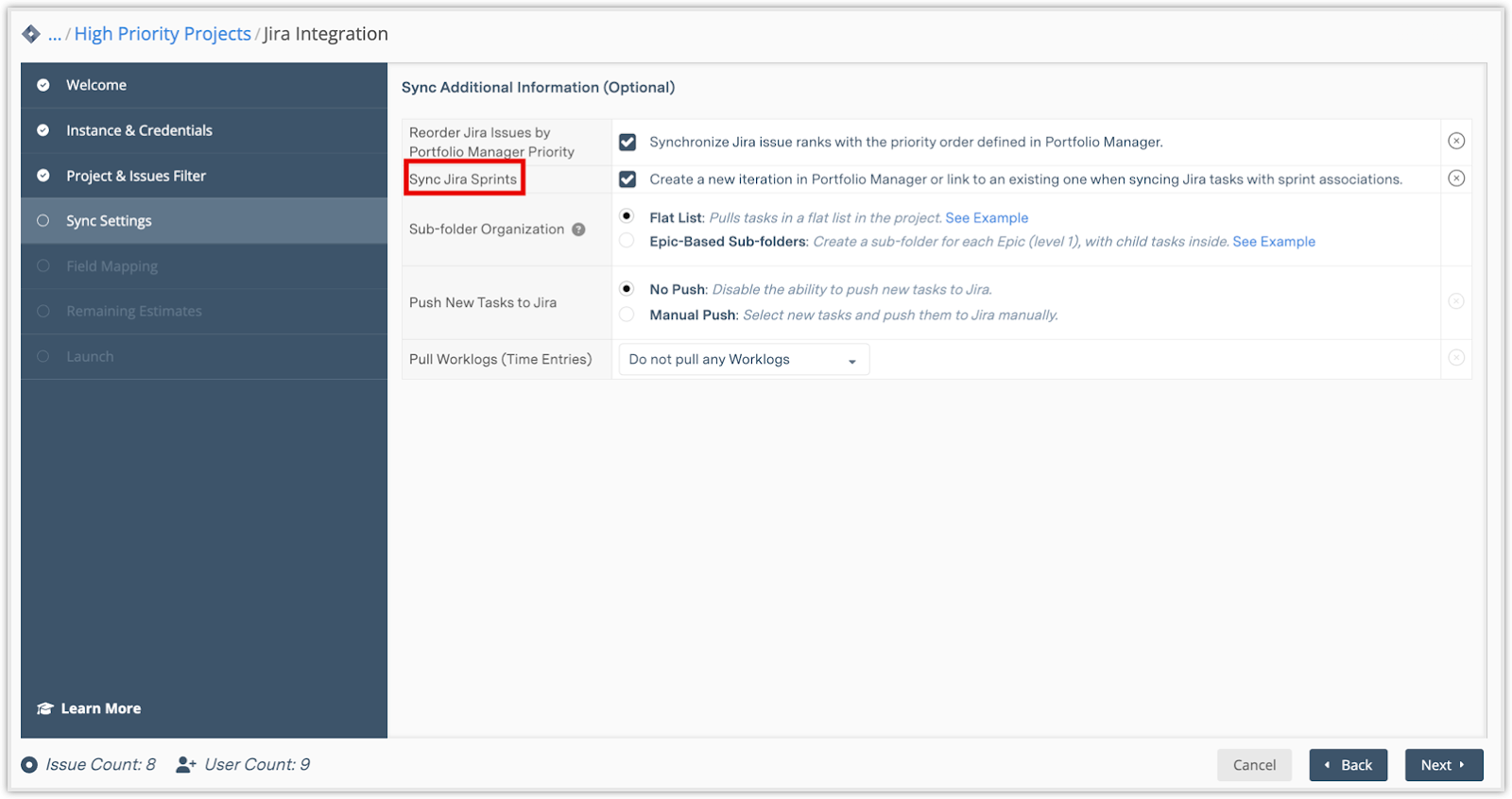 Sync Jira Sprints sync setting