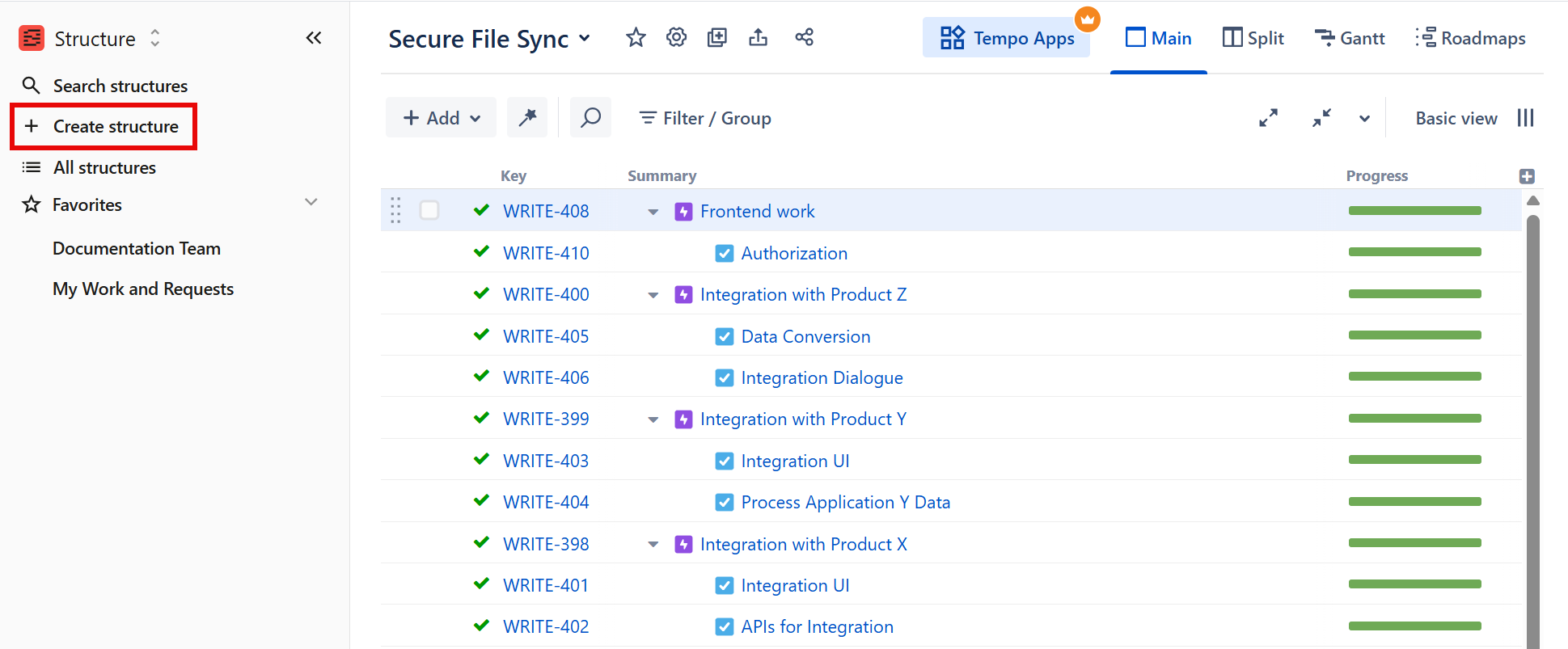 Create structure option in the left navbar