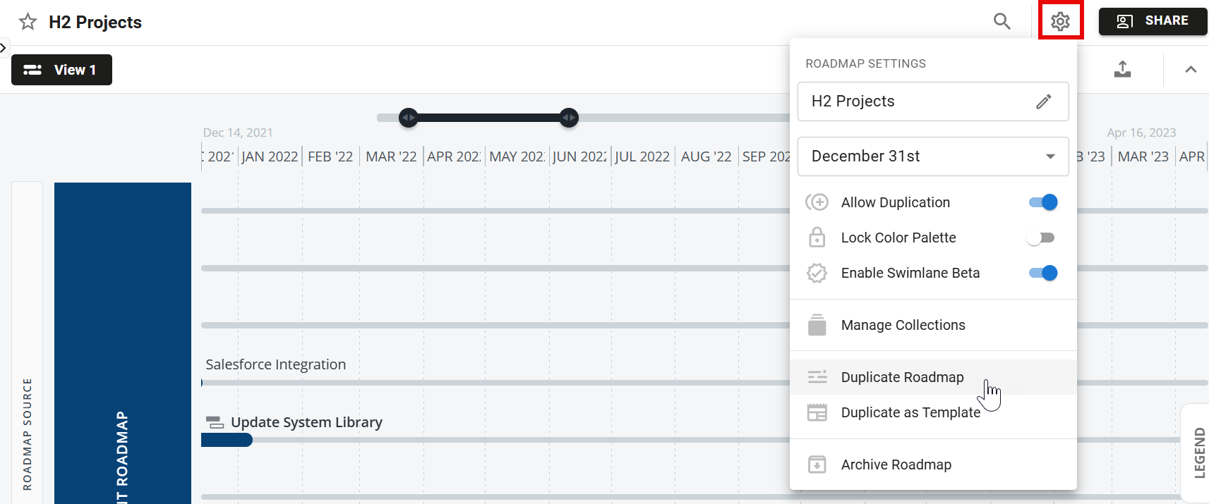 Duplicate roadmap option in the roadmap settings menu
