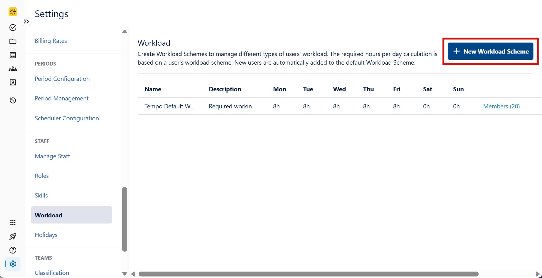 New workload scheme option on the workload settings page