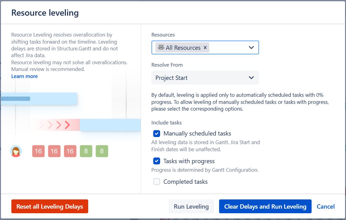 Resource leveling configuration screen