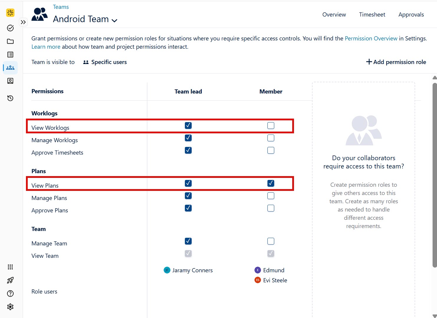 Team permissions view with view worklogs and view plans configurations highlighted