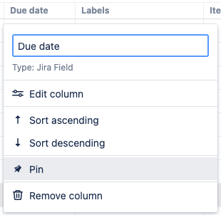 column menu highlighting the Pin option