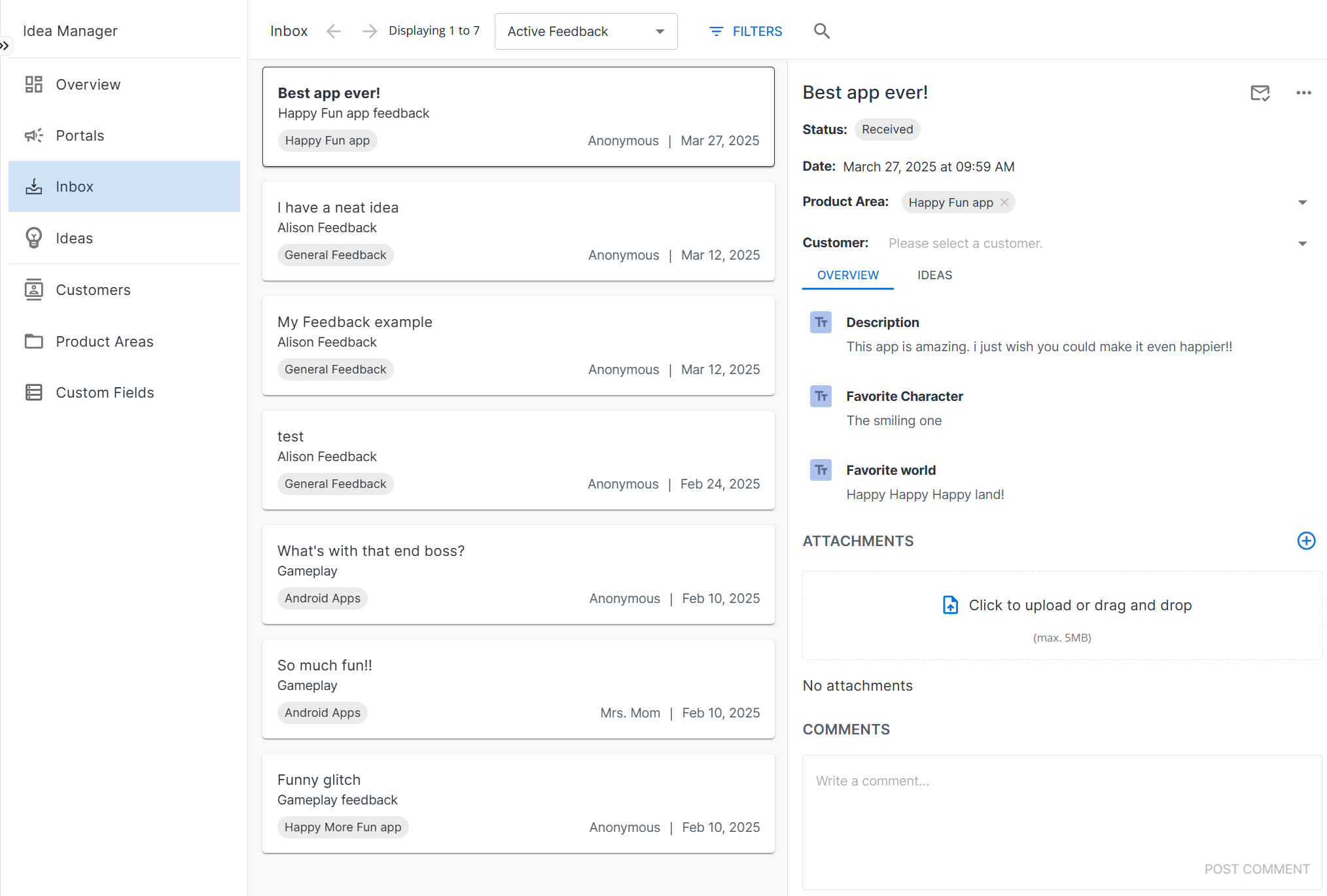Idea Manager Inbox screen