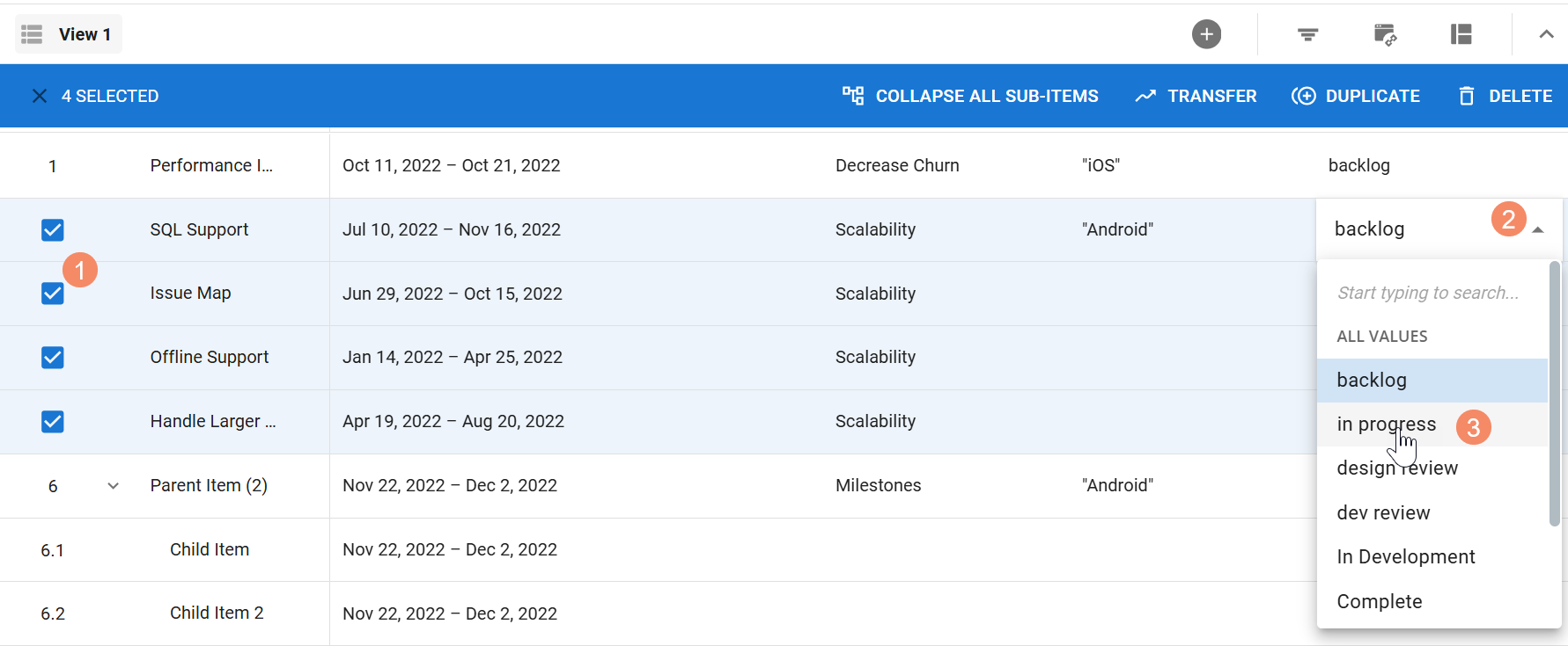 Bulk changing items to in progress