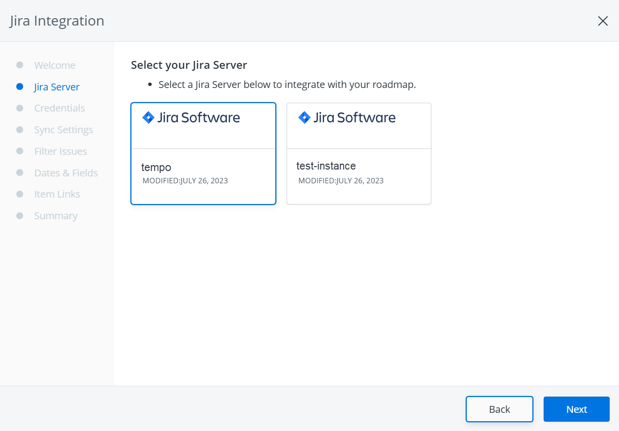 Jira server selection screen
