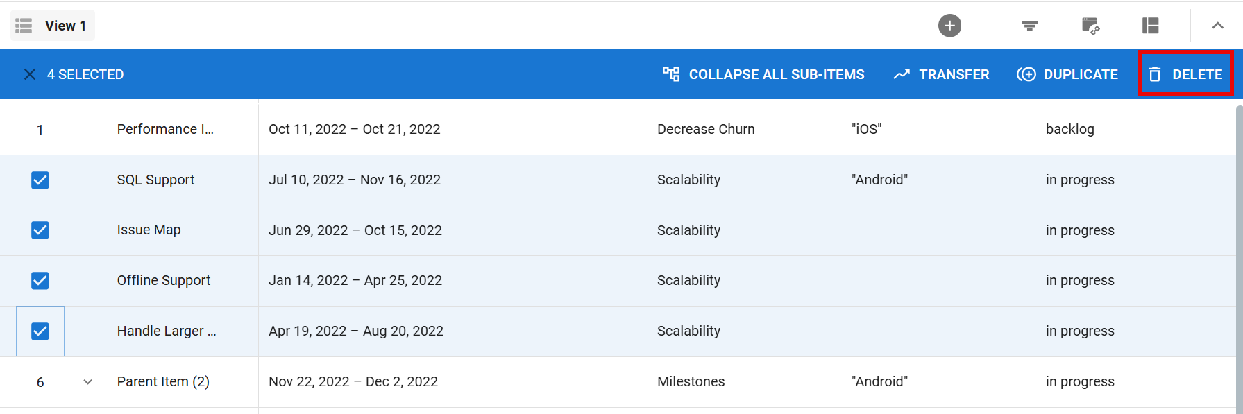 Bulk delete items in the item table