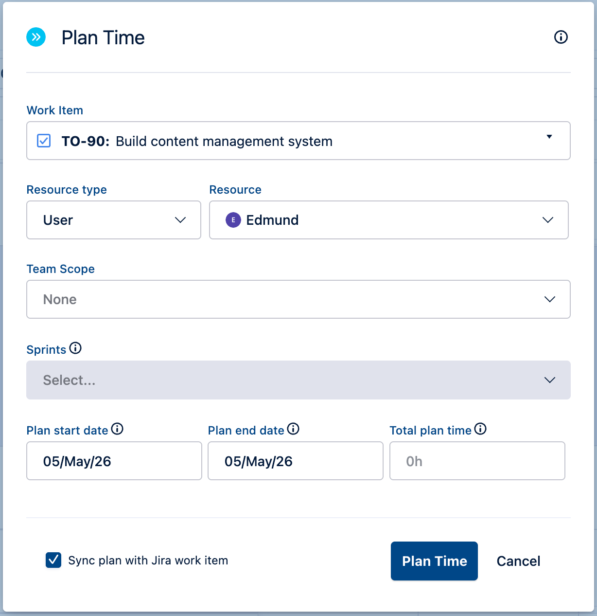 Plan time form - plans synced with Jira