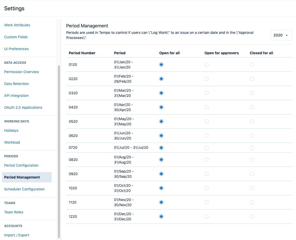 Period management settings screen