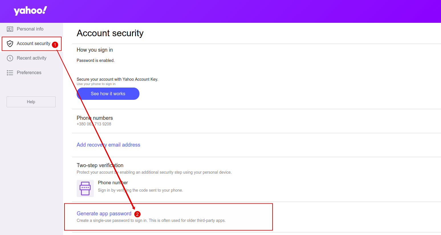 Select Account security (1) and click Generate app password (2)..png