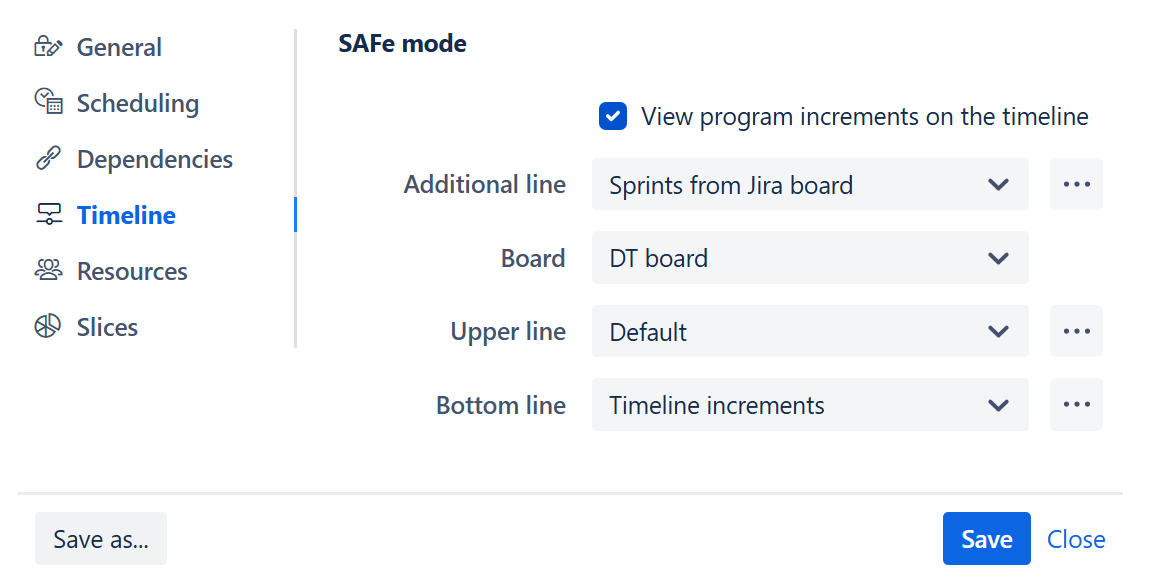 SAFe Mode enabled in Gantt Configuration