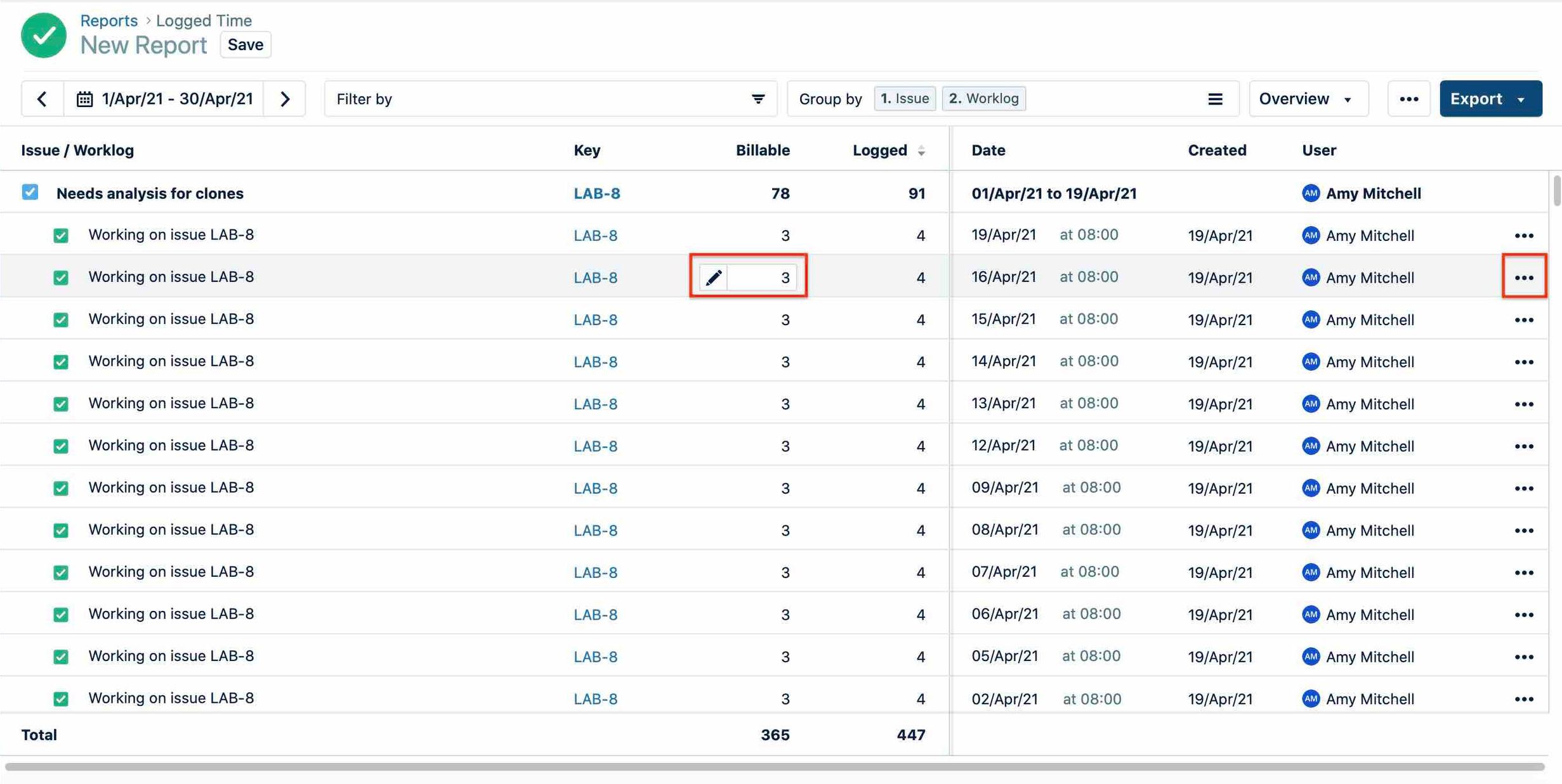 Editing worklog data from a report using the overview view
