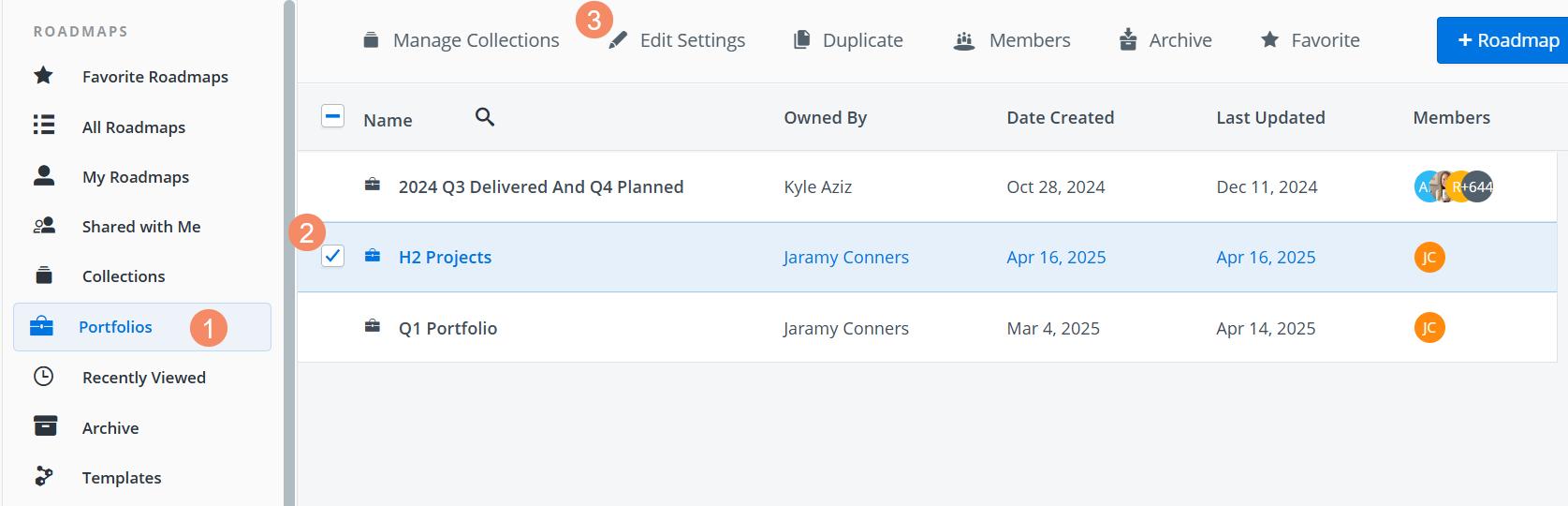 Numbered steps to access the Edit Settings option for a portolio roadmap