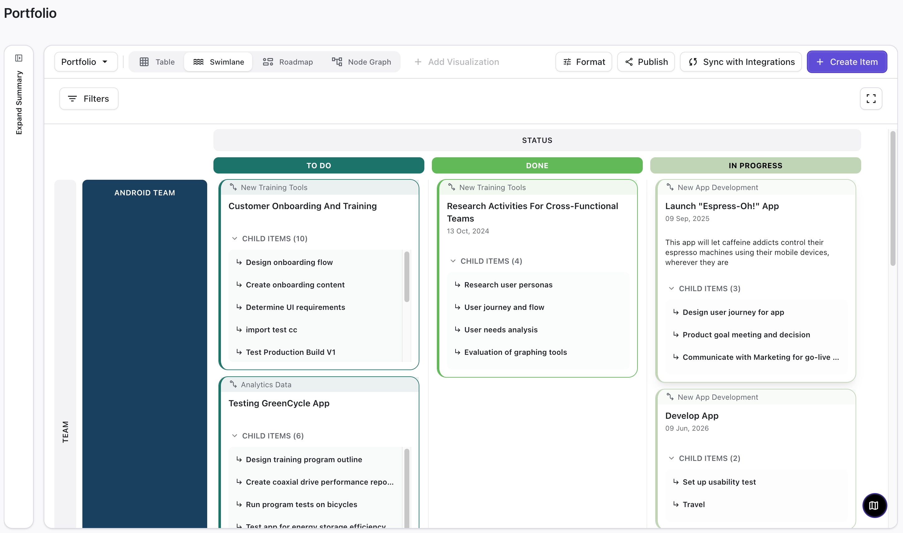 Swimlane View showing item statuses and teams.jpg