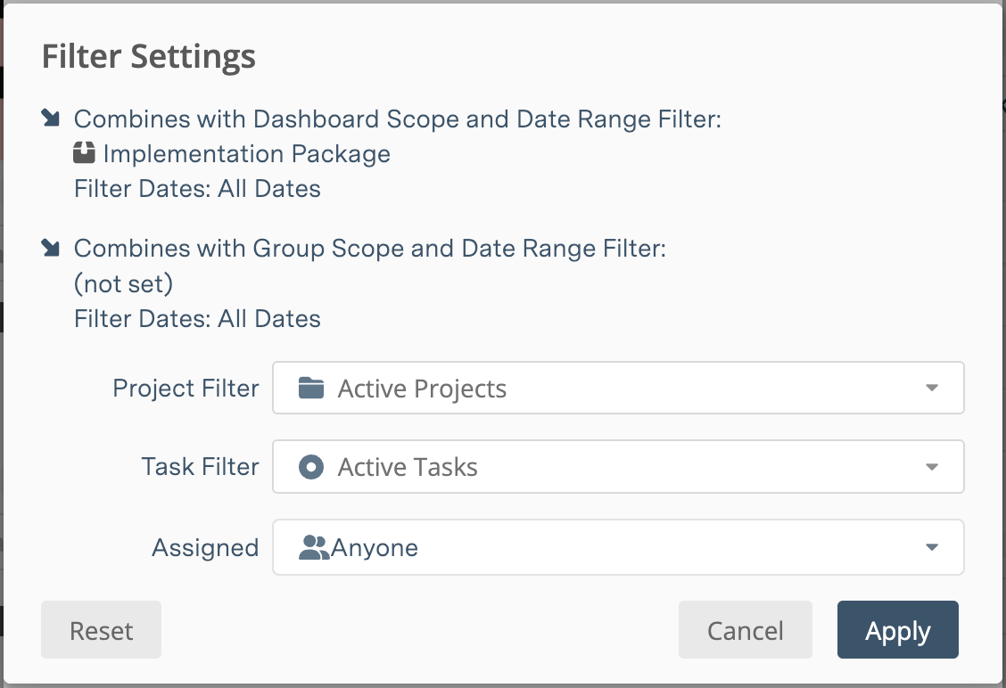 Package dashboard Widget Filter
