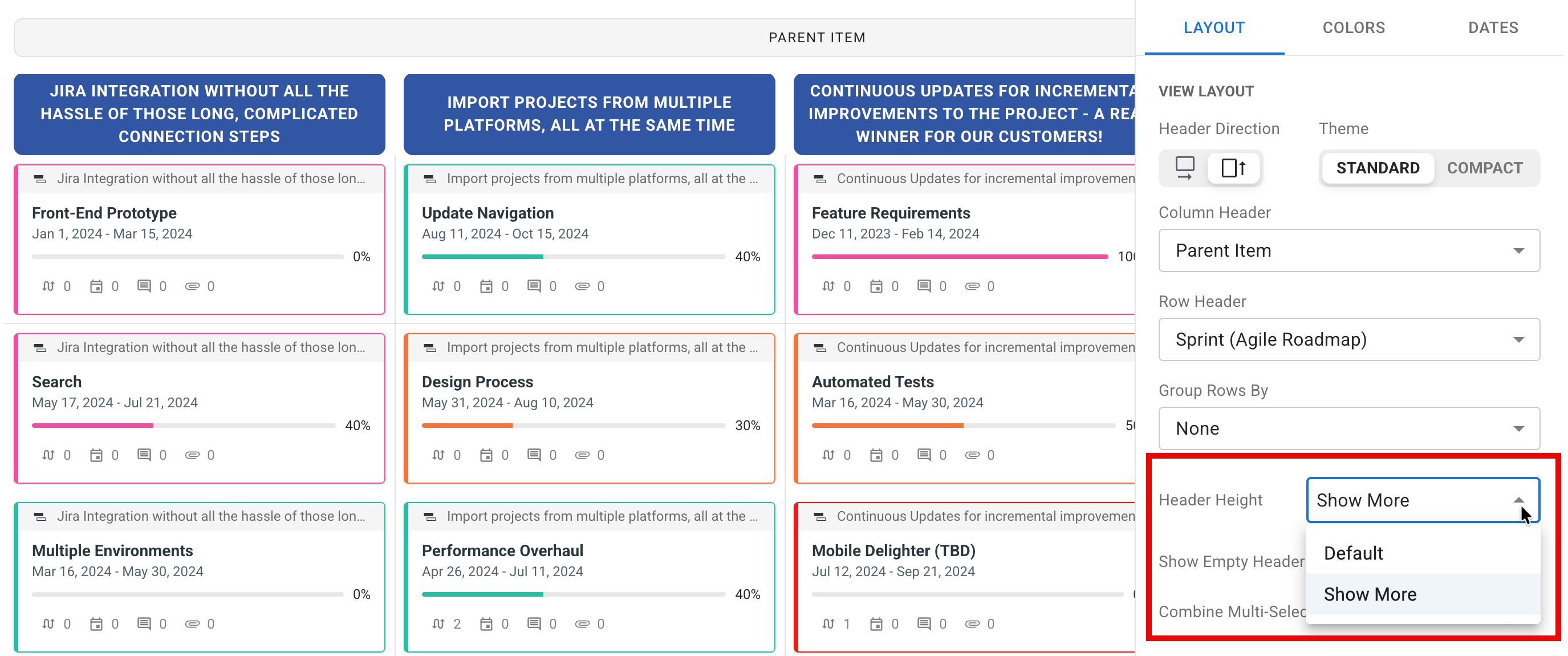 Show More header height option in the swimlane formal panel