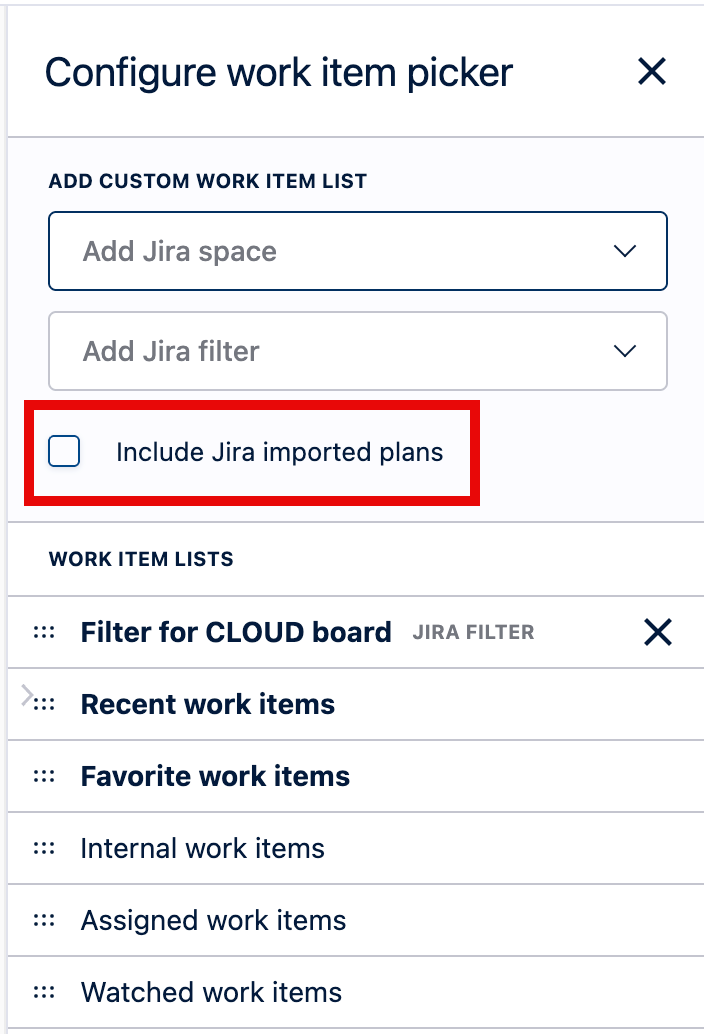 Configure Work Item Picker - Include Jira important plans option