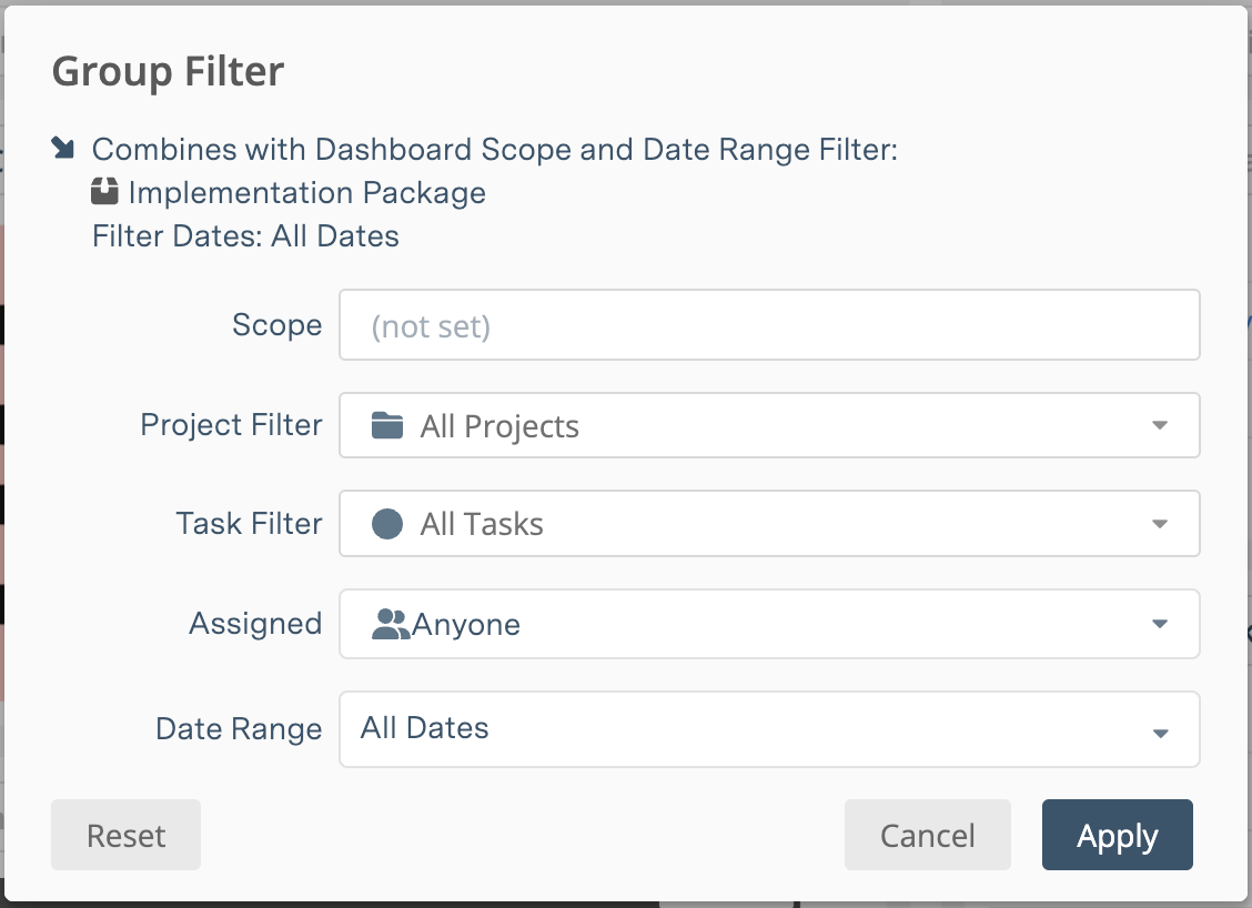 Package dashboard Group Filter