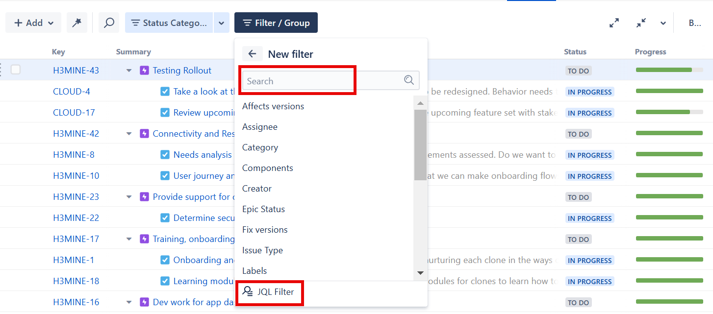 Filter by field or JQL