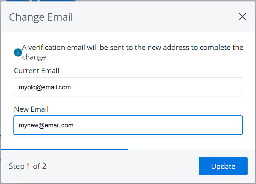 Change email screen with old and new email addresses