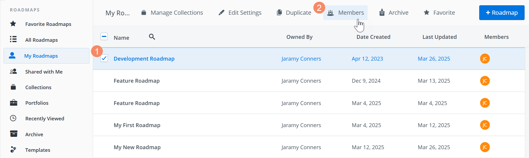 Selecting Members in the My Roadmaps view