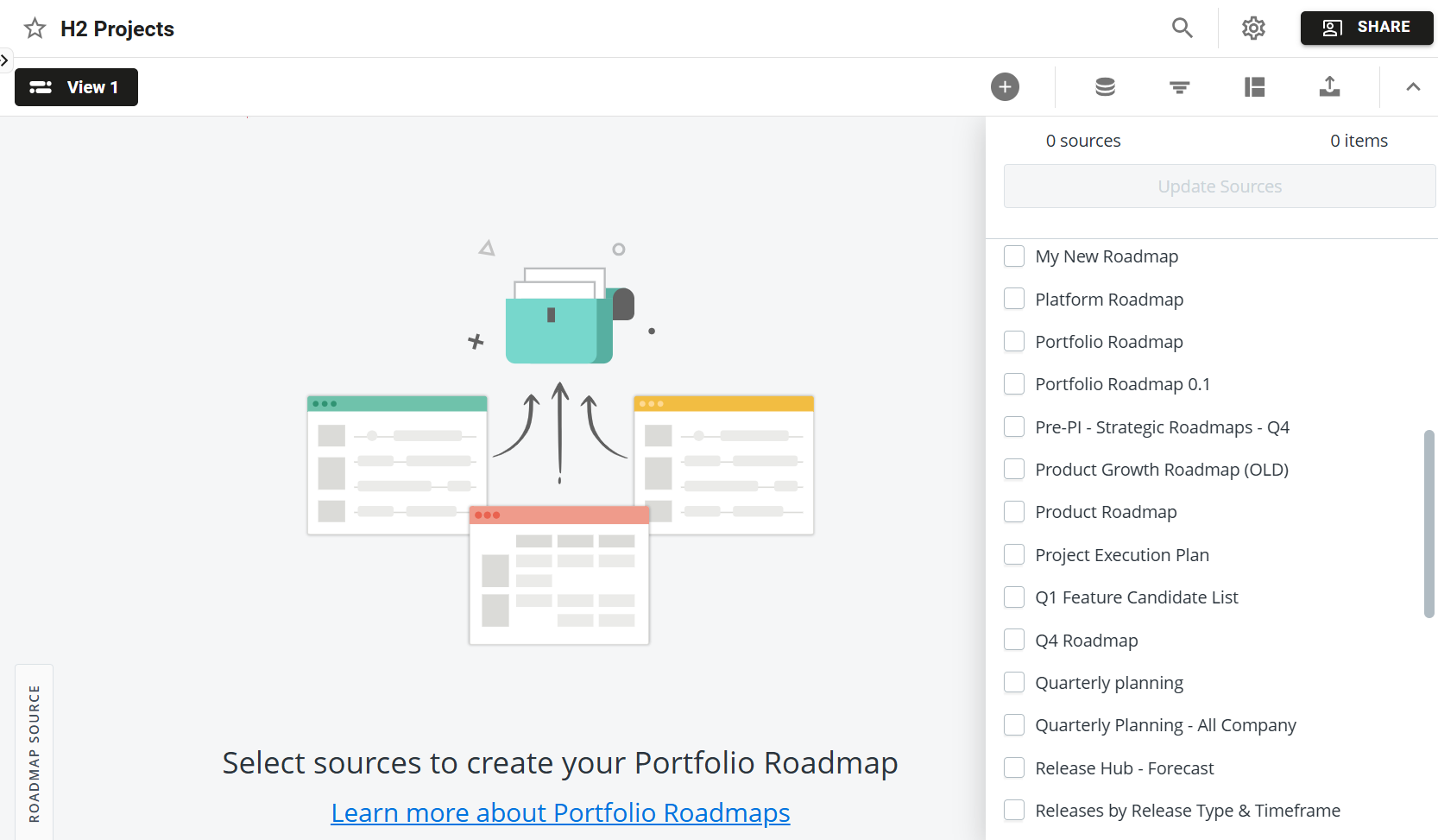 New Portolio roadmap with the Sources menu open